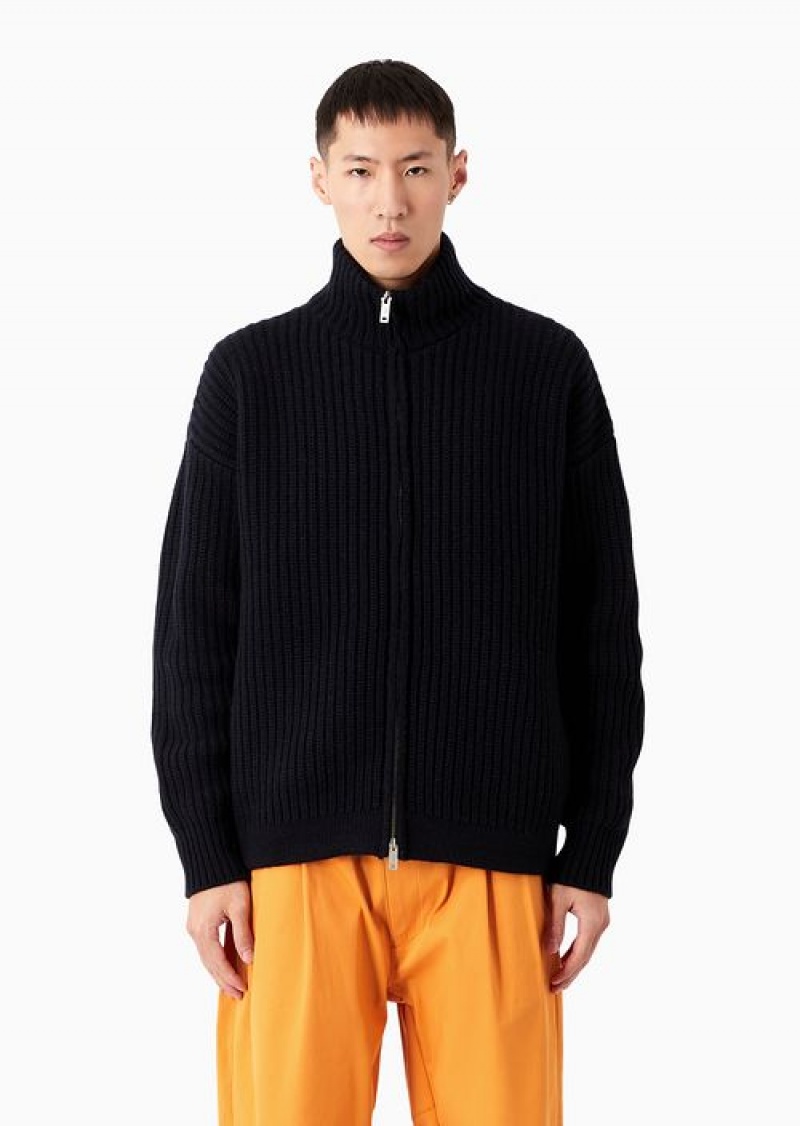 Navy Blue Emporio Armani Asv Capsule Full-zip Blouson In A Cob-stitch Recycled Wool-blend Knit | EA-SN58214