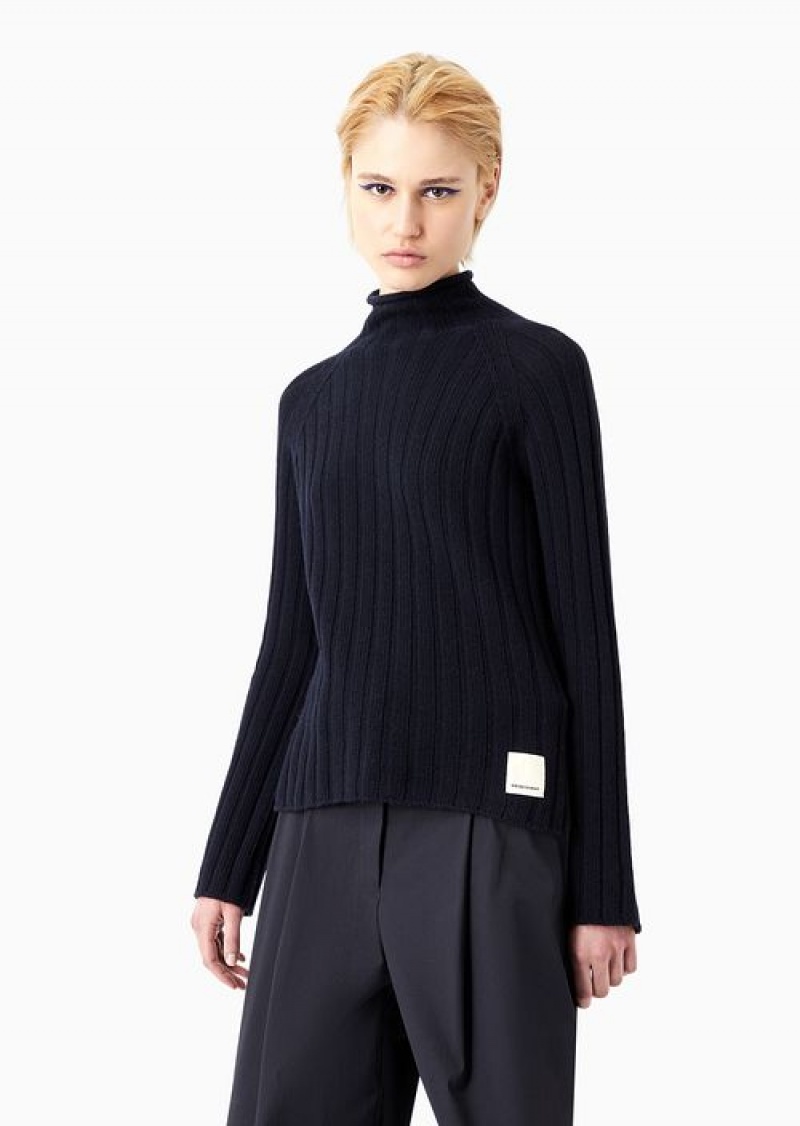 Navy Blue Emporio Armani Asv Capsule Mock-neck Jumper In A Ribbed Recycled Wool Blend | EA-SN56675