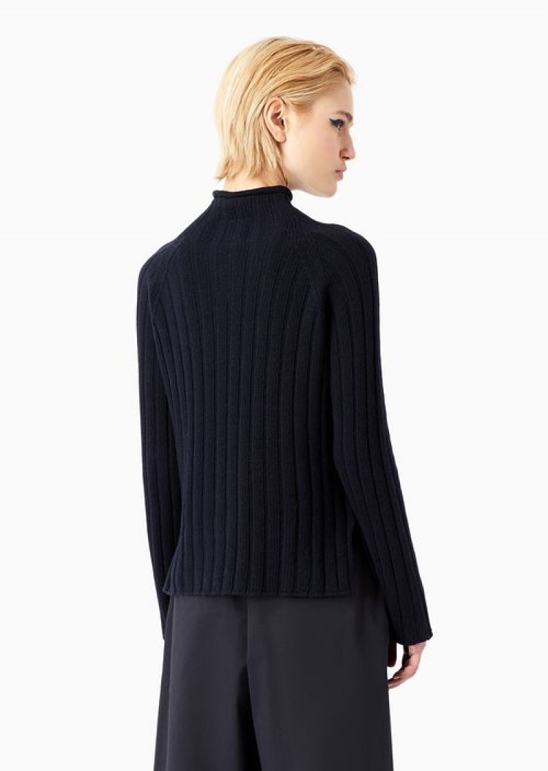 Navy Blue Emporio Armani Asv Capsule Mock-neck Jumper In A Ribbed Recycled Wool Blend | EA-SN56675