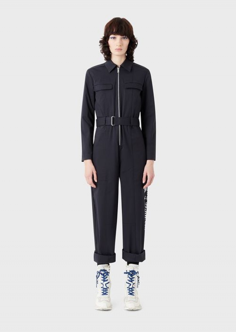 Navy Blue Emporio Armani Asv Capsule Organic Gabardine Tracksuit With Zip And Coordinate Print | EA-SN56540