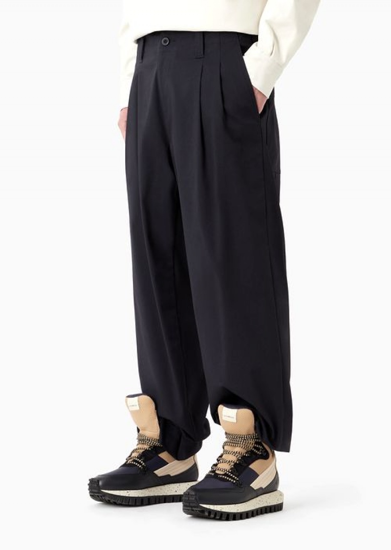 Navy Blue Emporio Armani Asv Capsule Organic Gabardine Wide Trousers With Darts | EA-SN58346