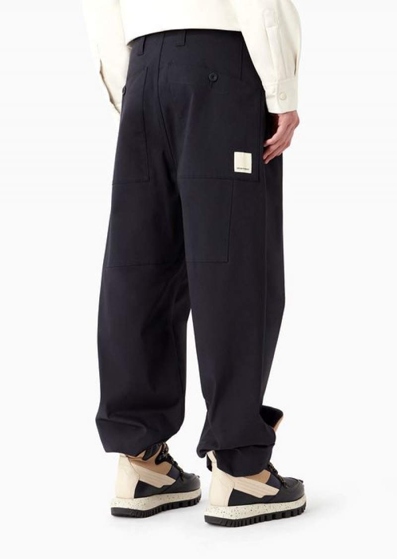 Navy Blue Emporio Armani Asv Capsule Organic Gabardine Wide Trousers With Darts | EA-SN58346