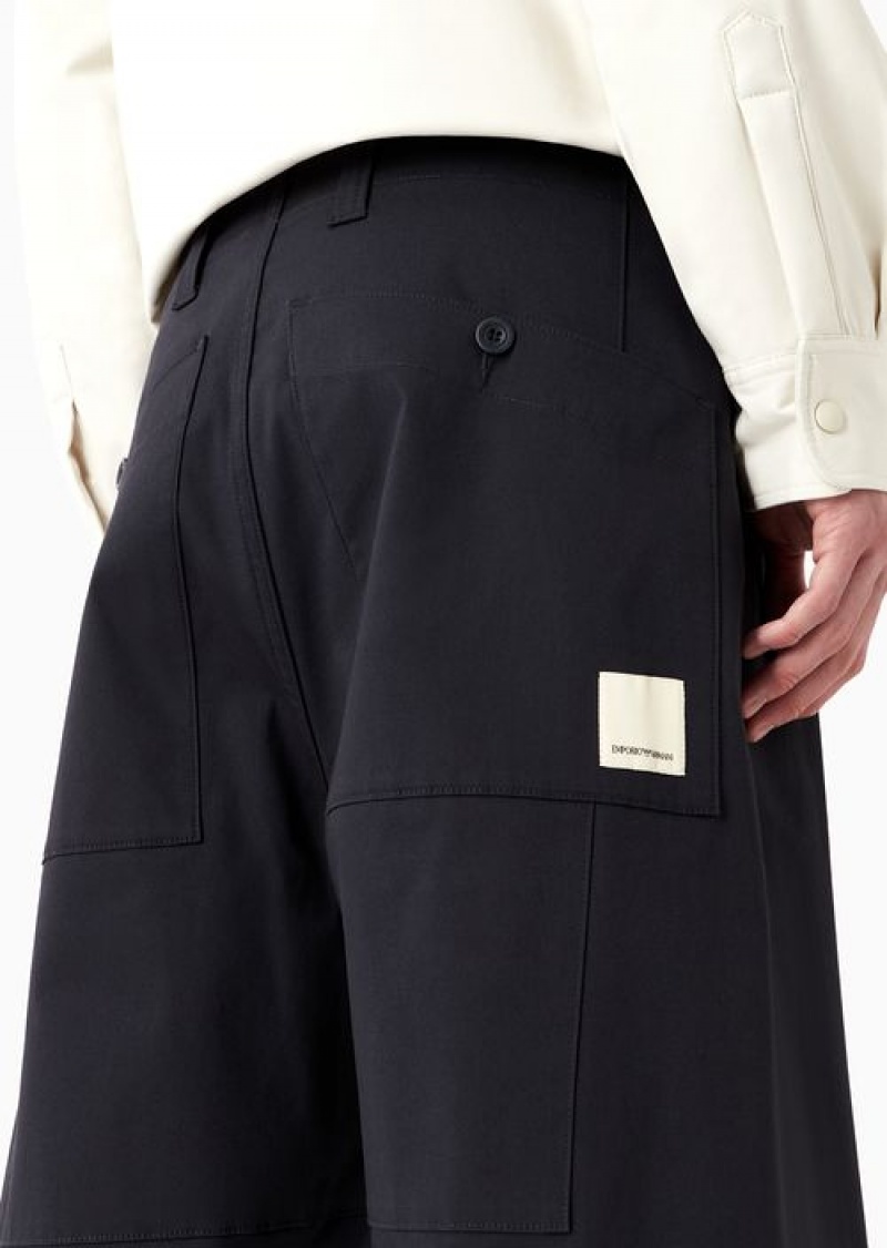 Navy Blue Emporio Armani Asv Capsule Organic Gabardine Wide Trousers With Darts | EA-SN58346