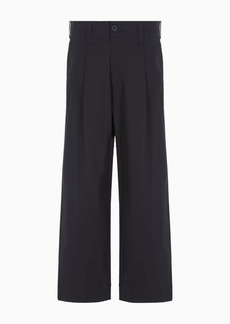 Navy Blue Emporio Armani Asv Capsule Organic Gabardine Wide Trousers With Darts | EA-SN58346