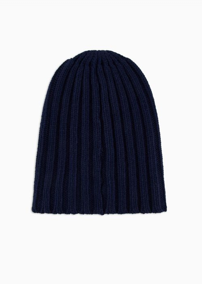 Navy Blue Emporio Armani Asv Capsule Ribbed Wool-blend Beanie With Patch | EA-SN57460