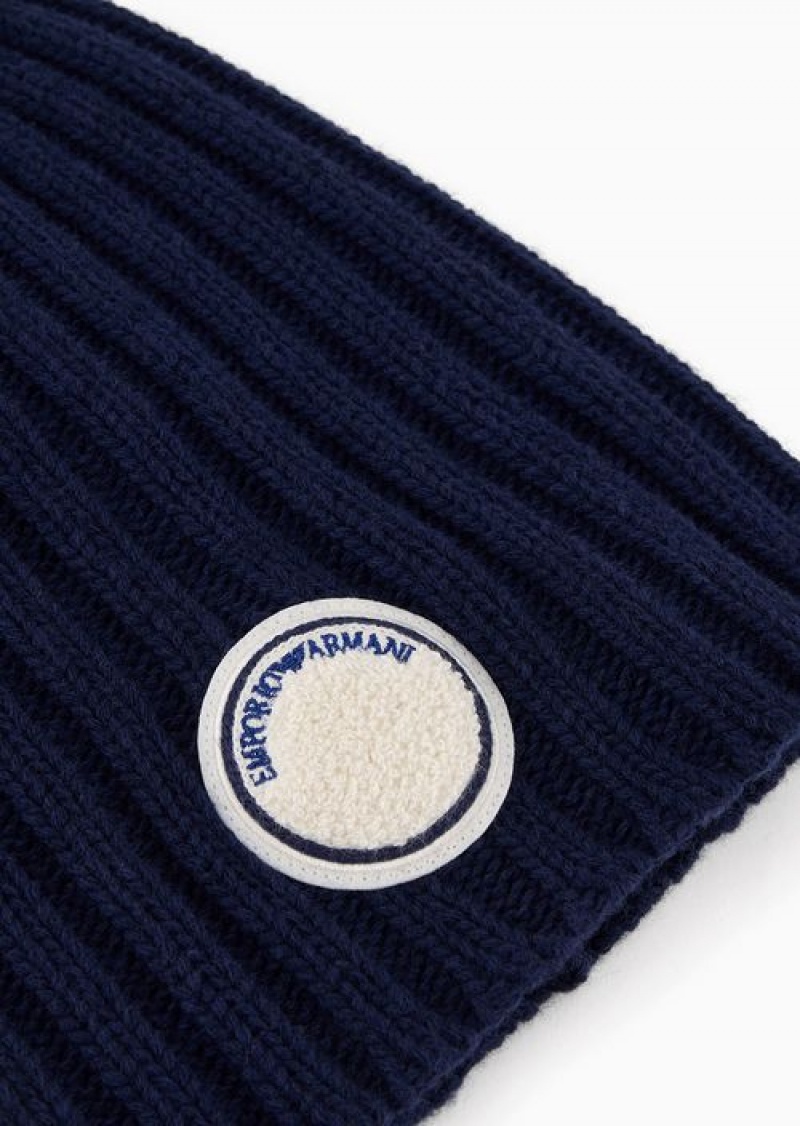 Navy Blue Emporio Armani Asv Capsule Ribbed Wool-blend Beanie With Patch | EA-SN57460