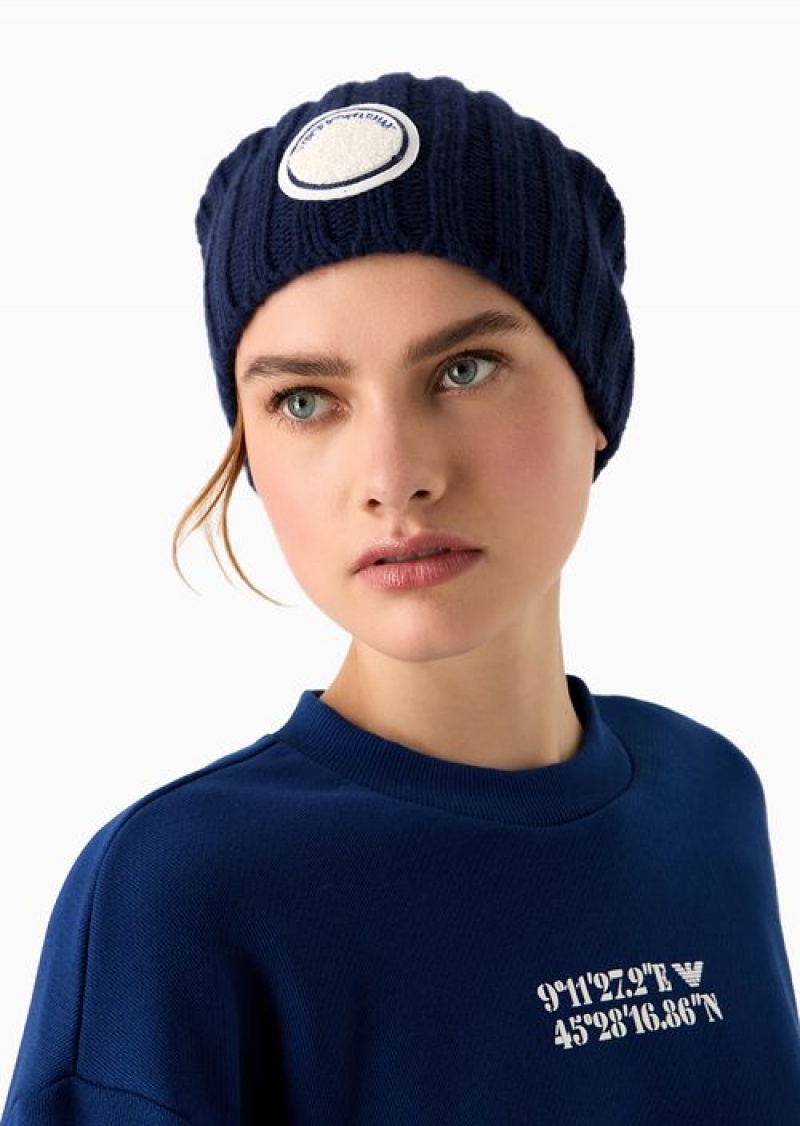 Navy Blue Emporio Armani Asv Capsule Ribbed Wool-blend Beanie With Patch | EA-SN57460