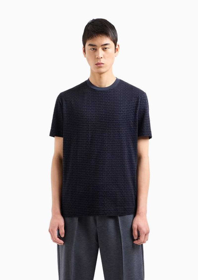 Navy Blue Emporio Armani Asv Lyocell-blend Jersey T-shirt With All-over Flock Logo Lettering | EA-SN58731