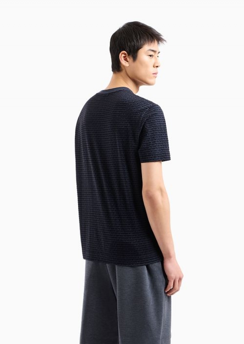 Navy Blue Emporio Armani Asv Lyocell-blend Jersey T-shirt With All-over Flock Logo Lettering | EA-SN58731