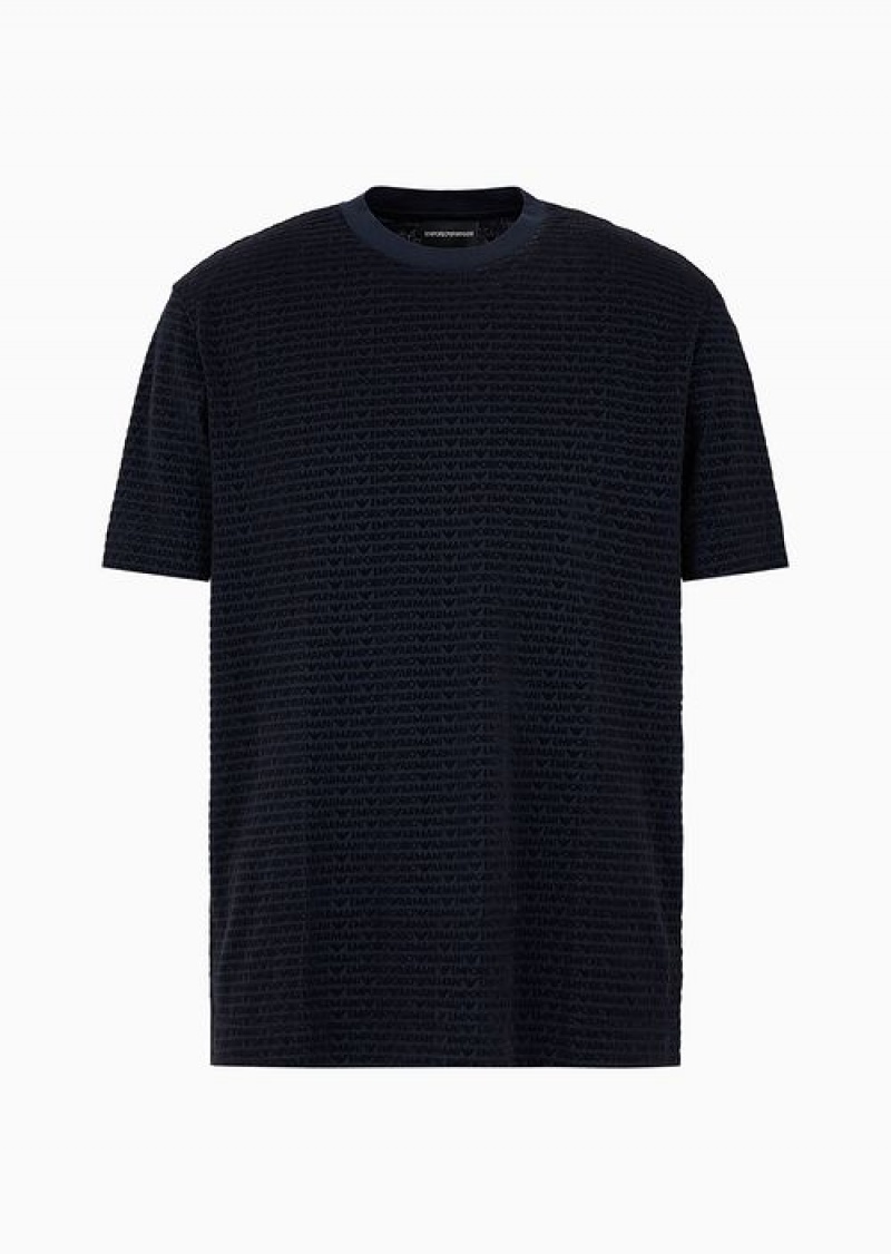 Navy Blue Emporio Armani Asv Lyocell-blend Jersey T-shirt With All-over Flock Logo Lettering | EA-SN58731