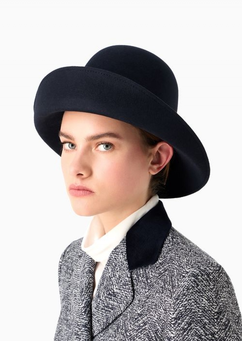 Navy Blue Emporio Armani Asymmetric Felt Bowler Hat | EA-SN57473