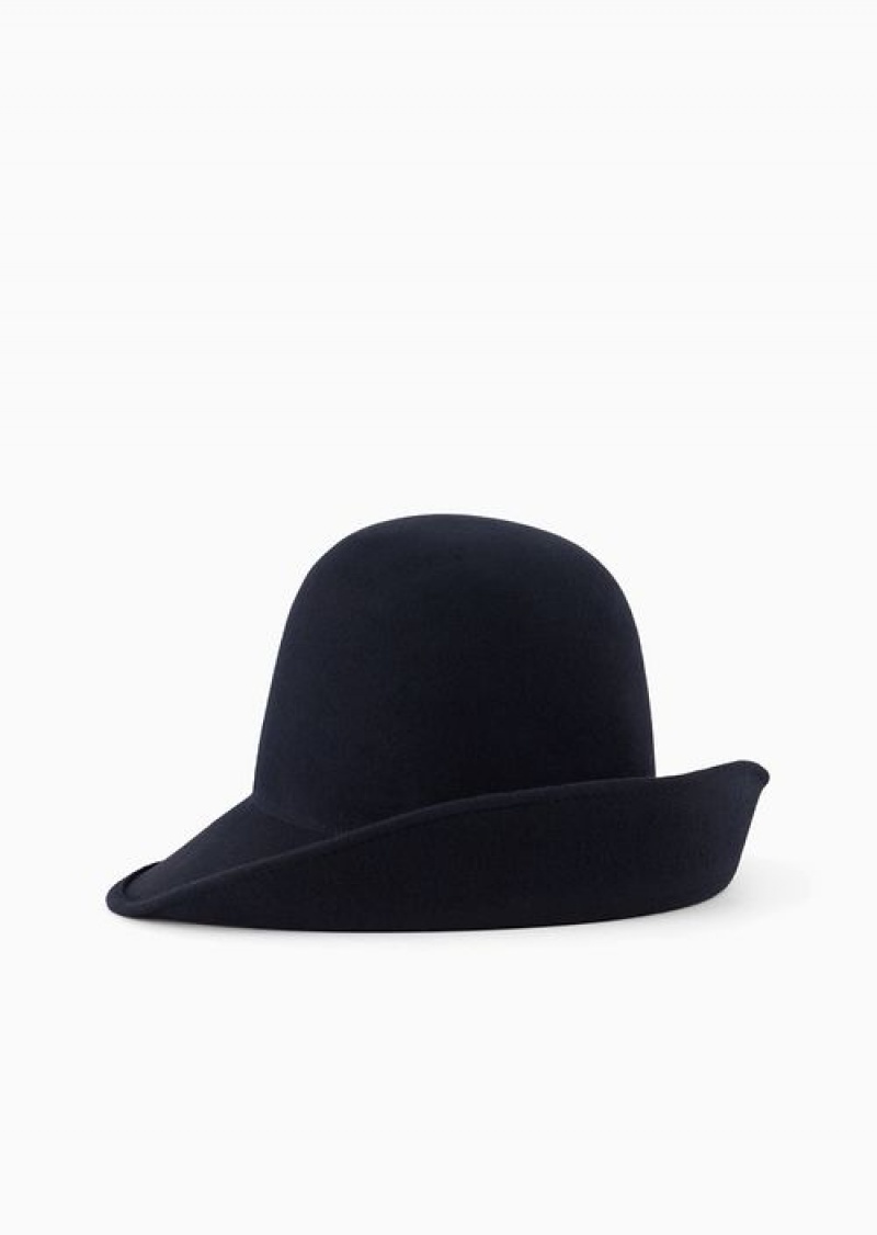 Navy Blue Emporio Armani Asymmetric Felt Bowler Hat | EA-SN57473