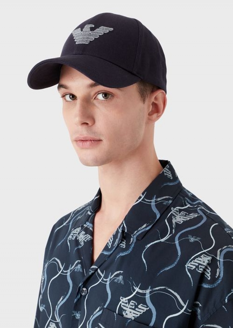 Navy Blue Emporio Armani Beach Baseball Cap With Terrycloth Eagle Patch | EA-SN57464