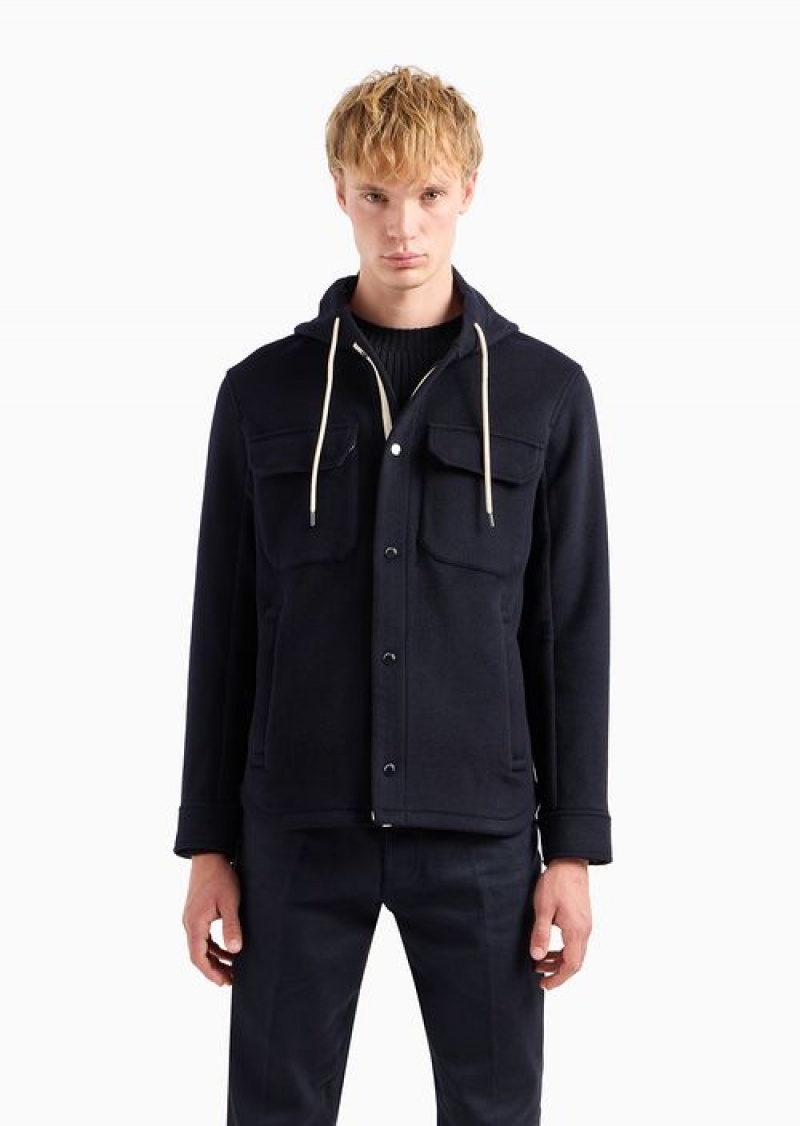 Navy Blue Emporio Armani Blouson With Hood In Soft Virgin Wool | EA-SN58200