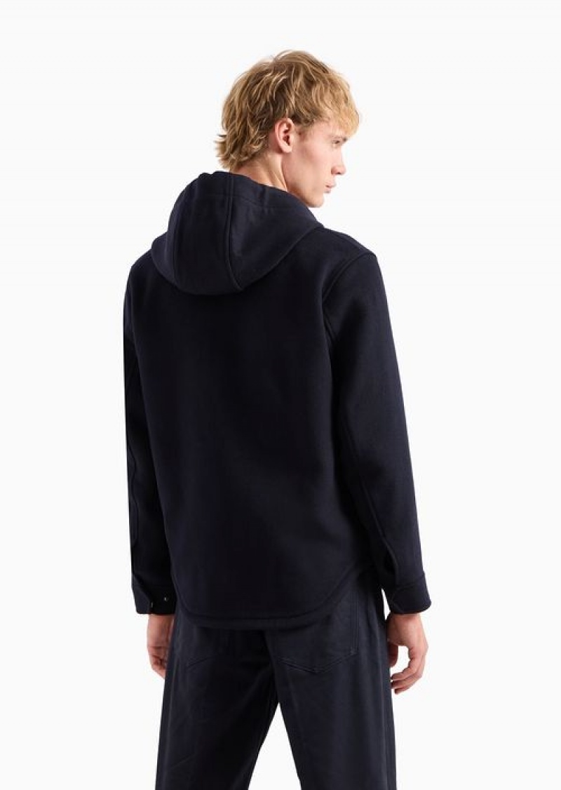 Navy Blue Emporio Armani Blouson With Hood In Soft Virgin Wool | EA-SN58200