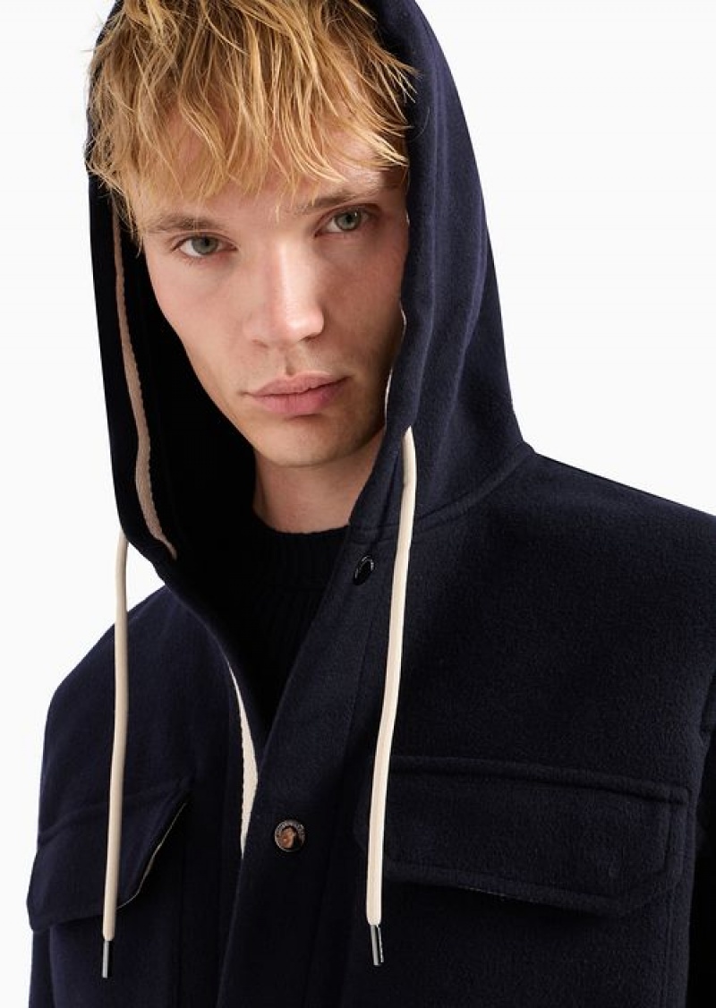 Navy Blue Emporio Armani Blouson With Hood In Soft Virgin Wool | EA-SN58200