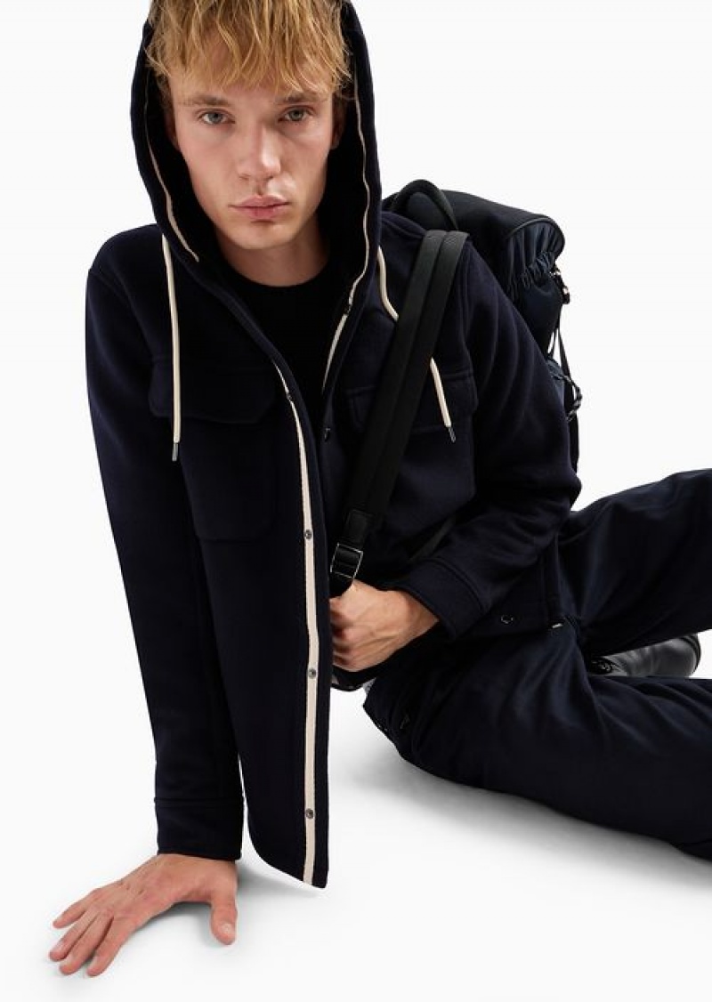 Navy Blue Emporio Armani Blouson With Hood In Soft Virgin Wool | EA-SN58200