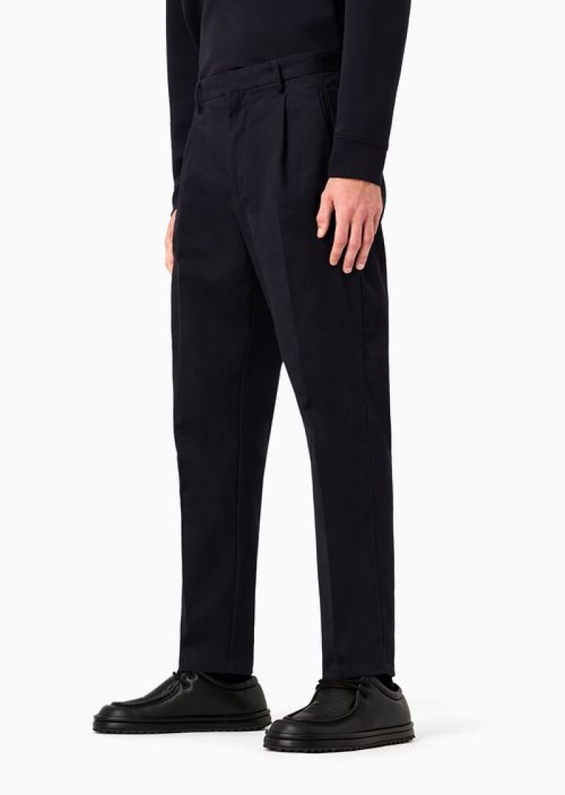 Navy Blue Emporio Armani Brushed Cotton Chinos With Pleats | EA-SN58327