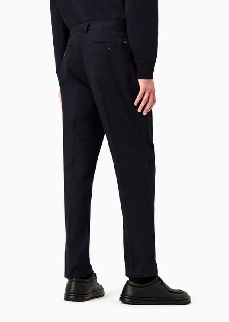 Navy Blue Emporio Armani Brushed Cotton Chinos With Pleats | EA-SN58327