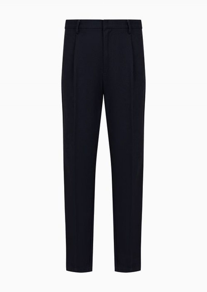 Navy Blue Emporio Armani Brushed Cotton Chinos With Pleats | EA-SN58327