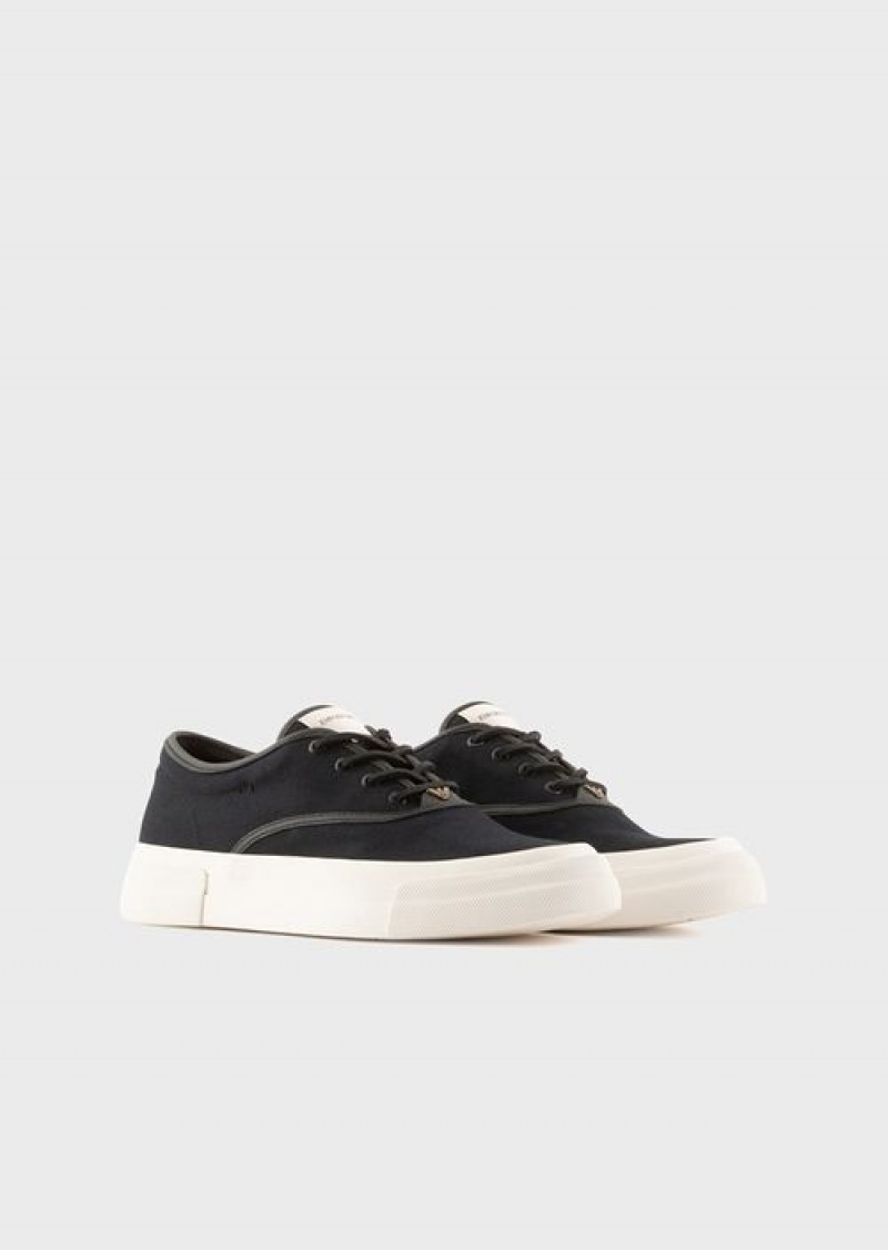 Navy Blue Emporio Armani Canvas Sneakers With Vegetable-tanned Leather Details | EA-SN58950