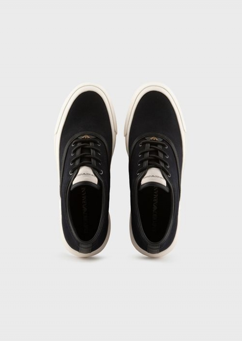 Navy Blue Emporio Armani Canvas Sneakers With Vegetable-tanned Leather Details | EA-SN58950