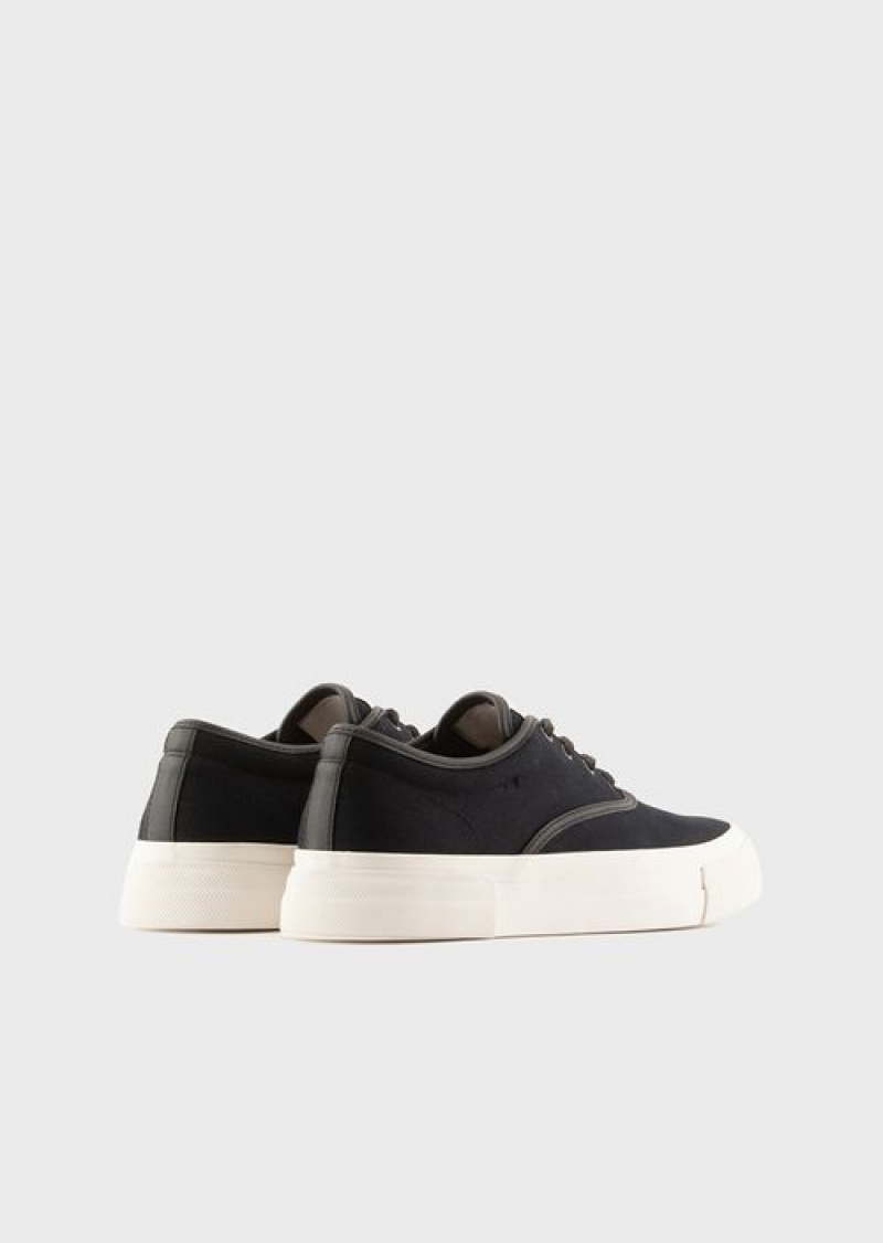 Navy Blue Emporio Armani Canvas Sneakers With Vegetable-tanned Leather Details | EA-SN58950