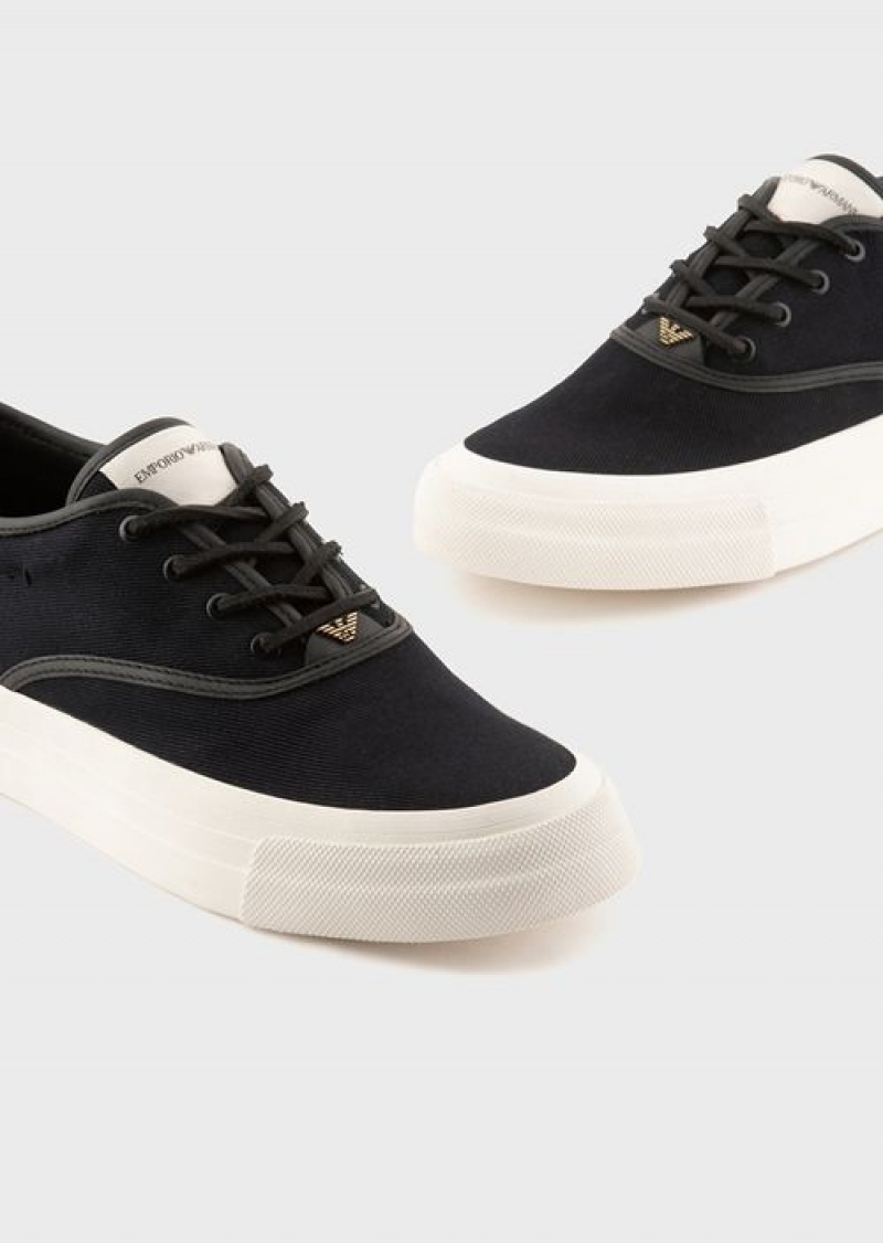 Navy Blue Emporio Armani Canvas Sneakers With Vegetable-tanned Leather Details | EA-SN58950