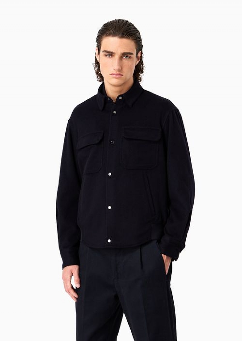 Navy Blue Emporio Armani Cashmere Wool Cloth Shirt Jacket With Front Pockets | EA-SN57889