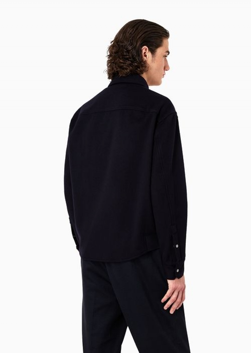 Navy Blue Emporio Armani Cashmere Wool Cloth Shirt Jacket With Front Pockets | EA-SN57889