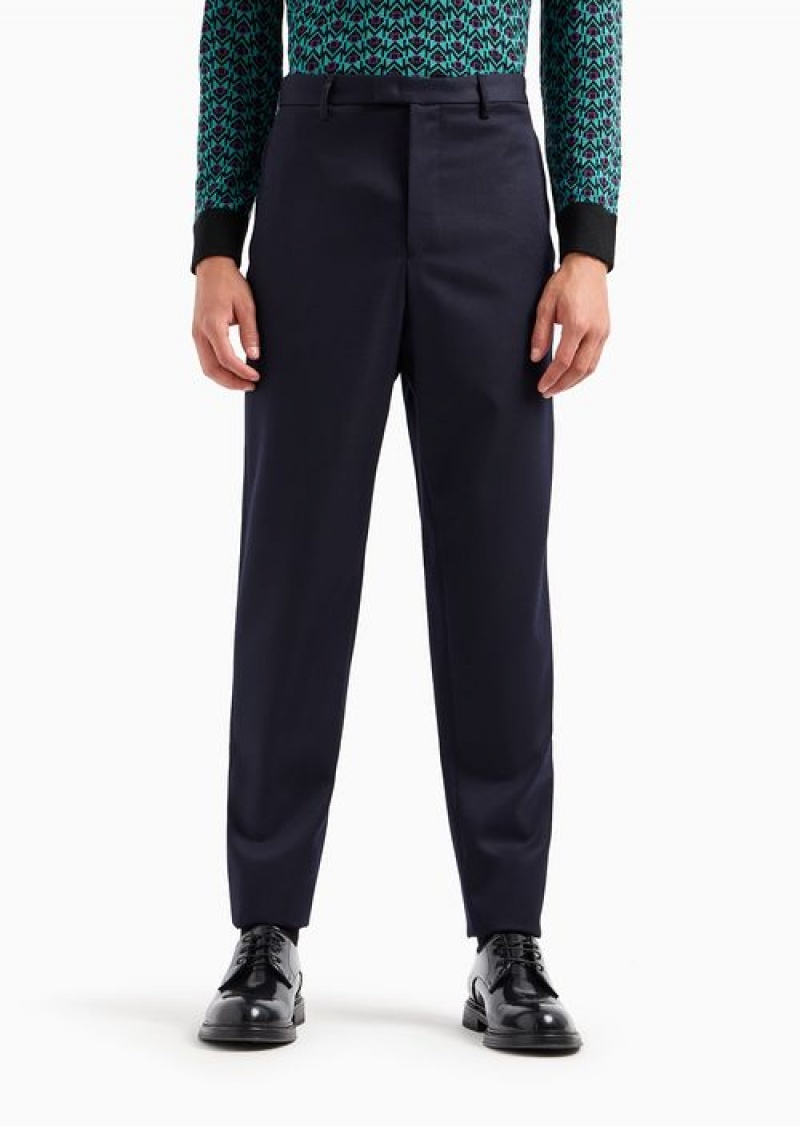 Navy Blue Emporio Armani Compact Wool Gabardine Trousers | EA-SN58312