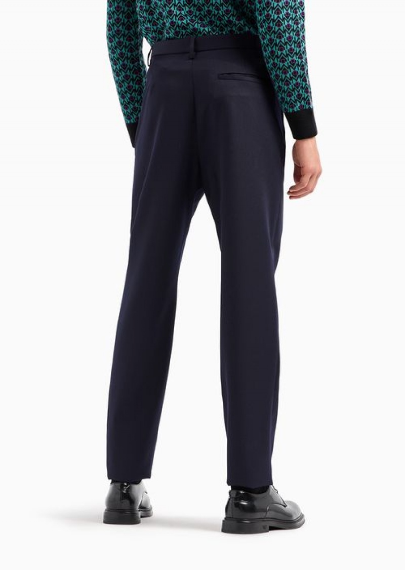 Navy Blue Emporio Armani Compact Wool Gabardine Trousers | EA-SN58312