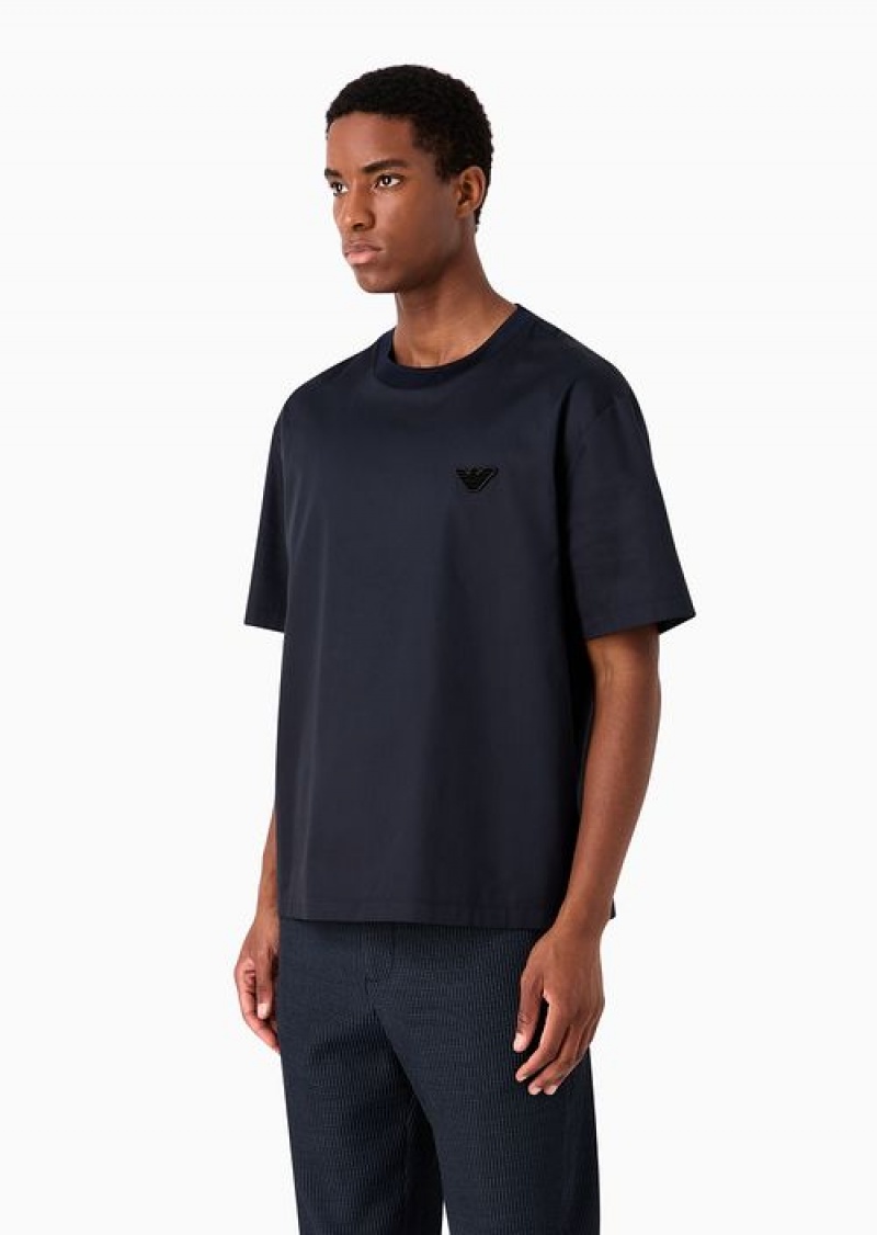 Navy Blue Emporio Armani Cotton Canvas T-shirt With Eagle Patch | EA-SN58722