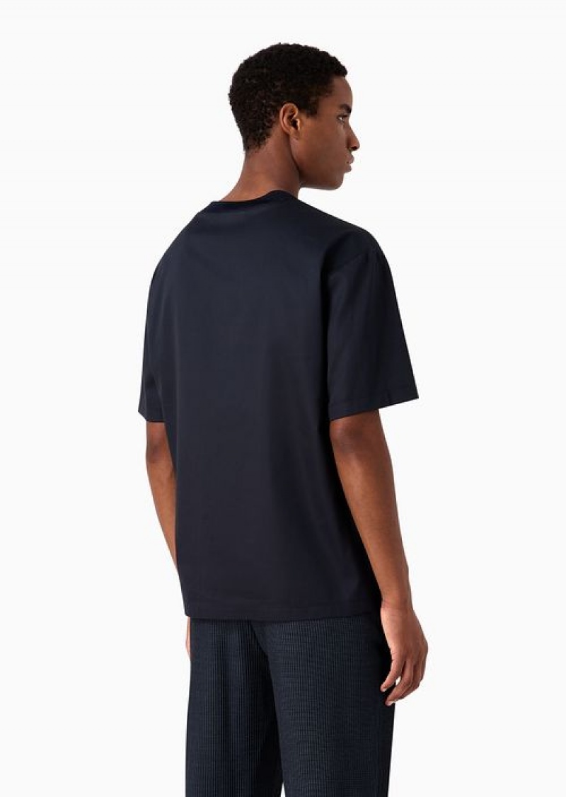 Navy Blue Emporio Armani Cotton Canvas T-shirt With Eagle Patch | EA-SN58722