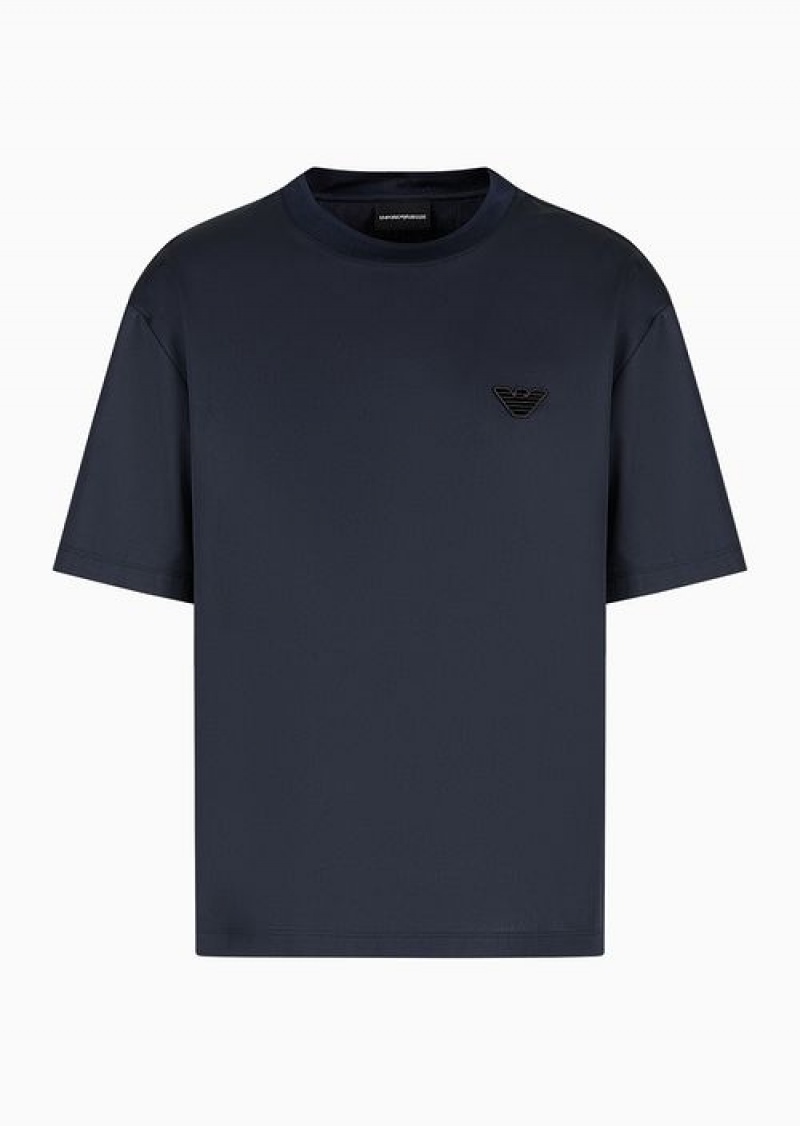 Navy Blue Emporio Armani Cotton Canvas T-shirt With Eagle Patch | EA-SN58722