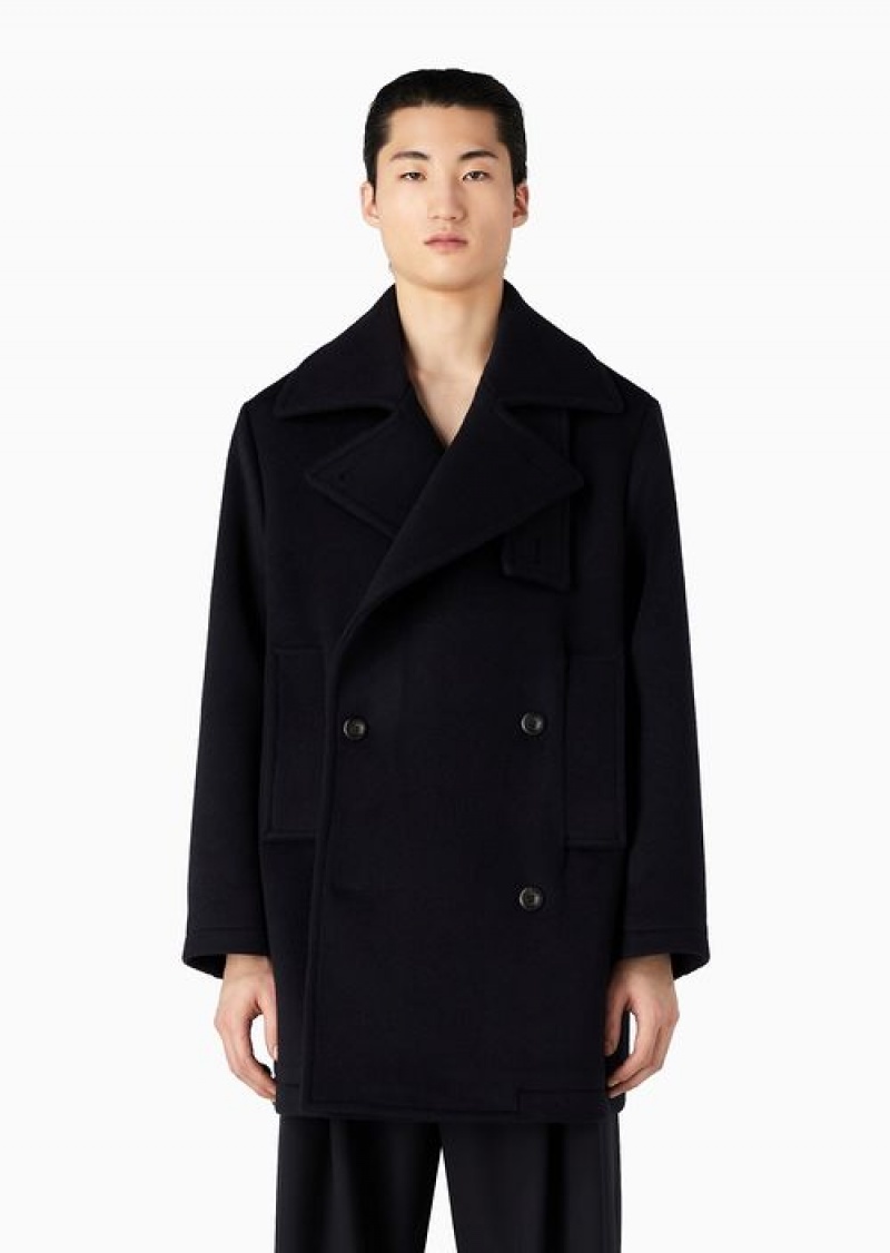 Navy Blue Emporio Armani Double-breasted, Wool Cloth Lapelled Pea Coat | EA-SN58179