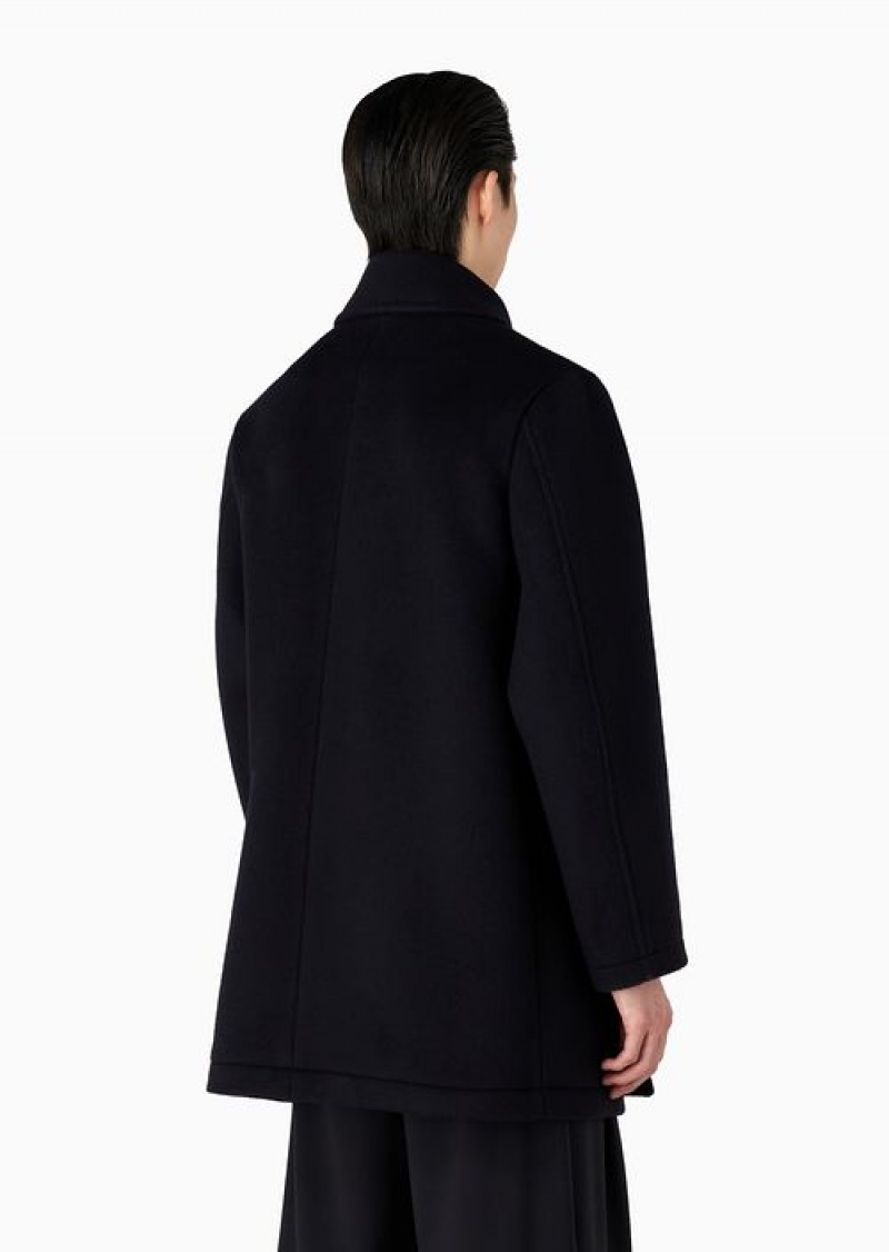 Navy Blue Emporio Armani Double-breasted, Wool Cloth Lapelled Pea Coat | EA-SN58179