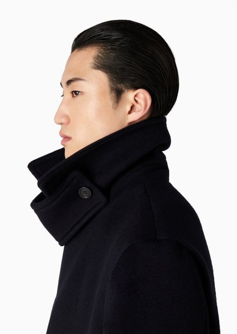 Navy Blue Emporio Armani Double-breasted, Wool Cloth Lapelled Pea Coat | EA-SN58179