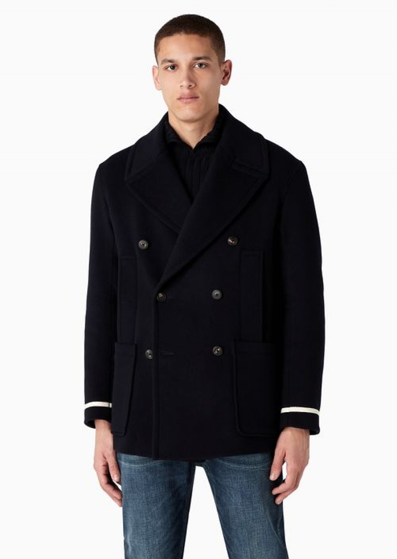 Navy Blue Emporio Armani Double-breasted Padded Pea Coat In A Soft Virgin Wool | EA-SN58218