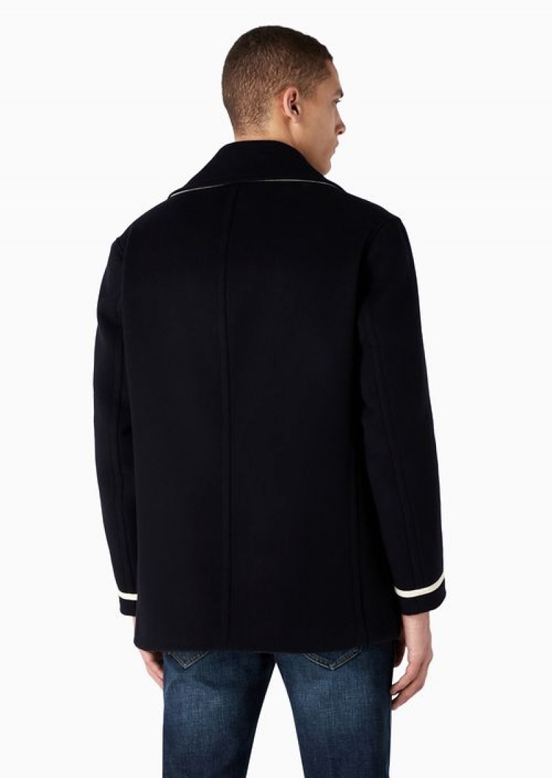 Navy Blue Emporio Armani Double-breasted Padded Pea Coat In A Soft Virgin Wool | EA-SN58218