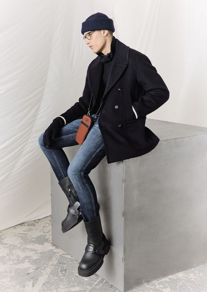 Navy Blue Emporio Armani Double-breasted Padded Pea Coat In A Soft Virgin Wool | EA-SN58218