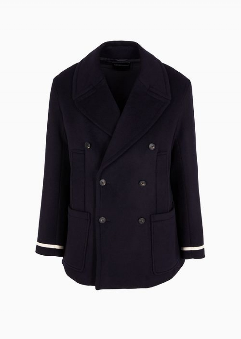 Navy Blue Emporio Armani Double-breasted Padded Pea Coat In A Soft Virgin Wool | EA-SN58218