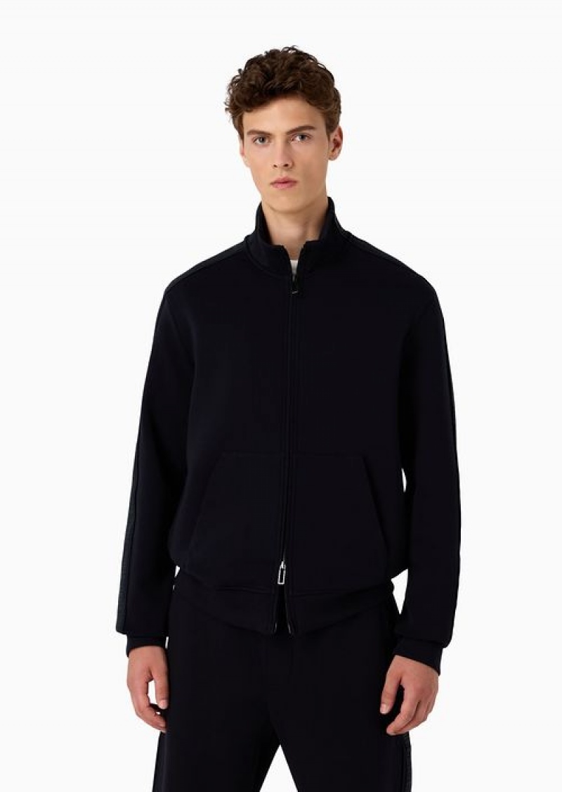 Navy Blue Emporio Armani Double-jersey Full-zip Sweatshirt With Rubberised Lettering Print Side Bands | EA-SN58486