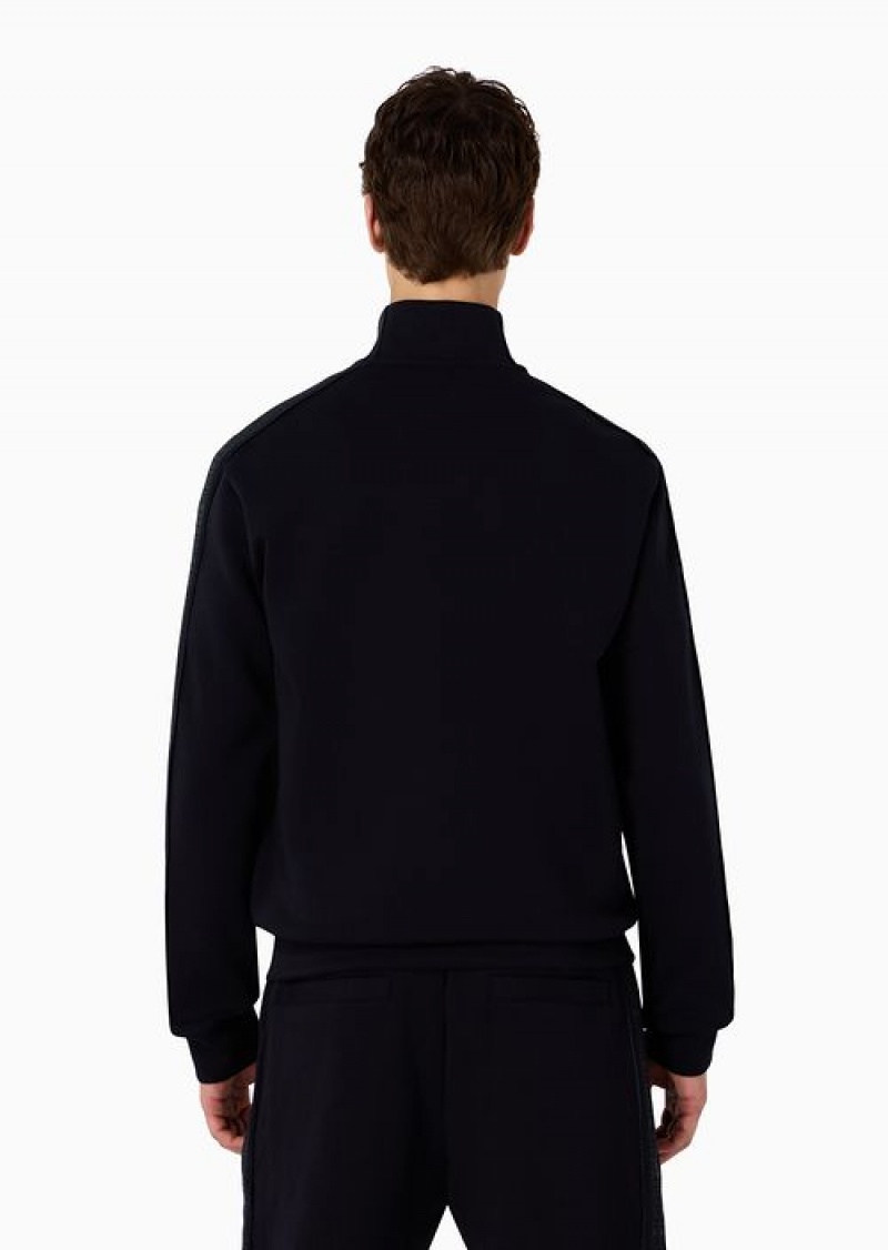 Navy Blue Emporio Armani Double-jersey Full-zip Sweatshirt With Rubberised Lettering Print Side Bands | EA-SN58486