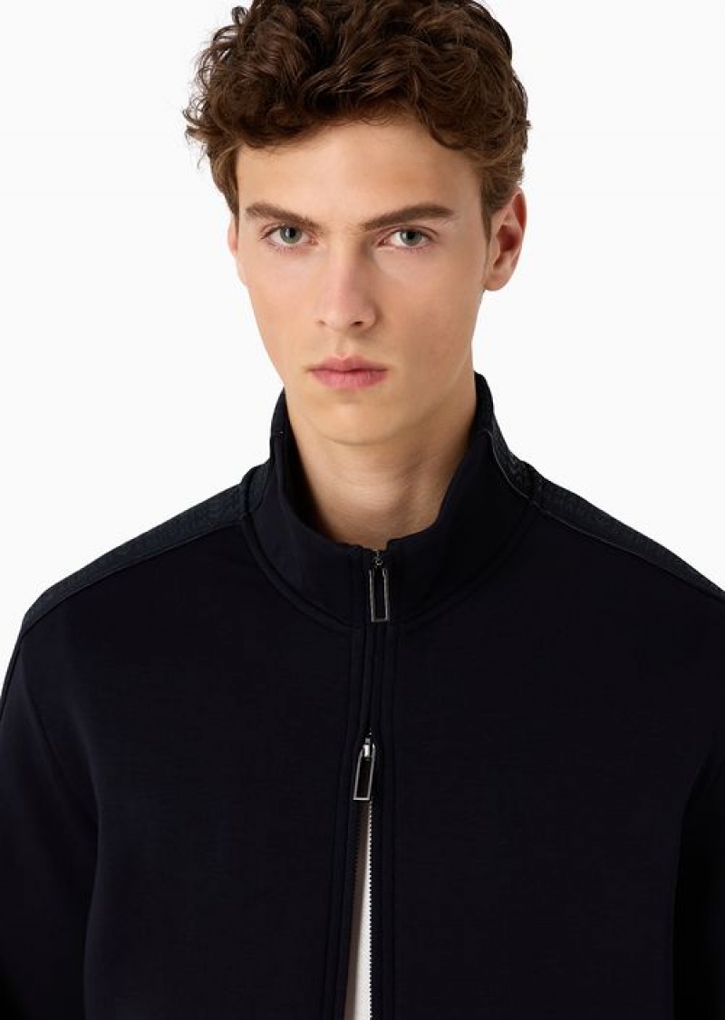 Navy Blue Emporio Armani Double-jersey Full-zip Sweatshirt With Rubberised Lettering Print Side Bands | EA-SN58486