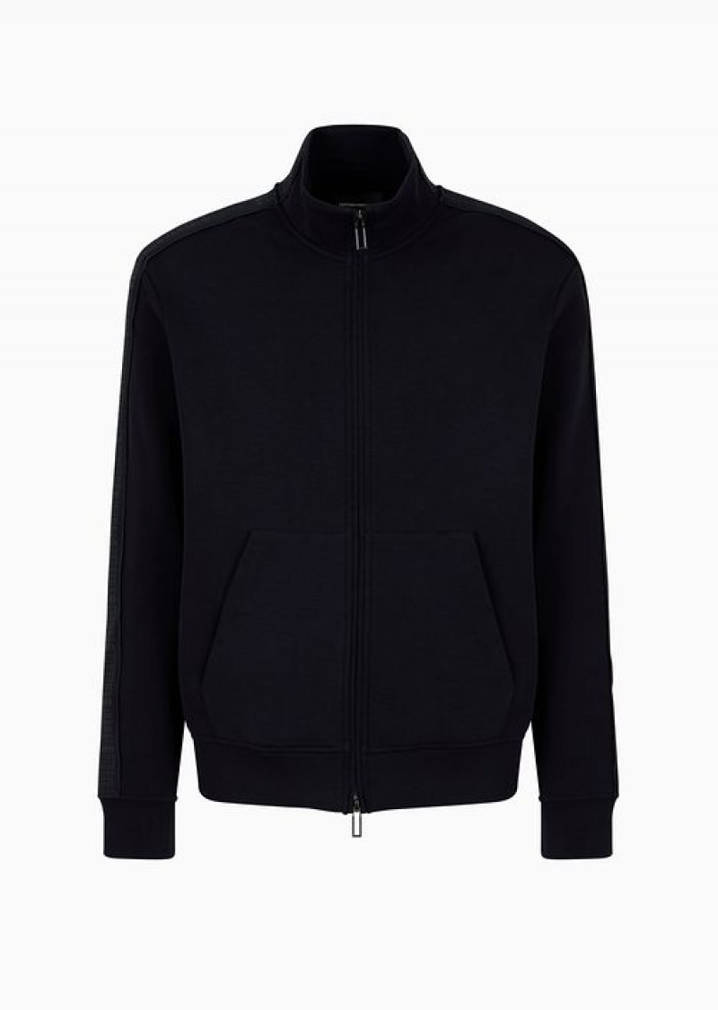 Navy Blue Emporio Armani Double-jersey Full-zip Sweatshirt With Rubberised Lettering Print Side Bands | EA-SN58486