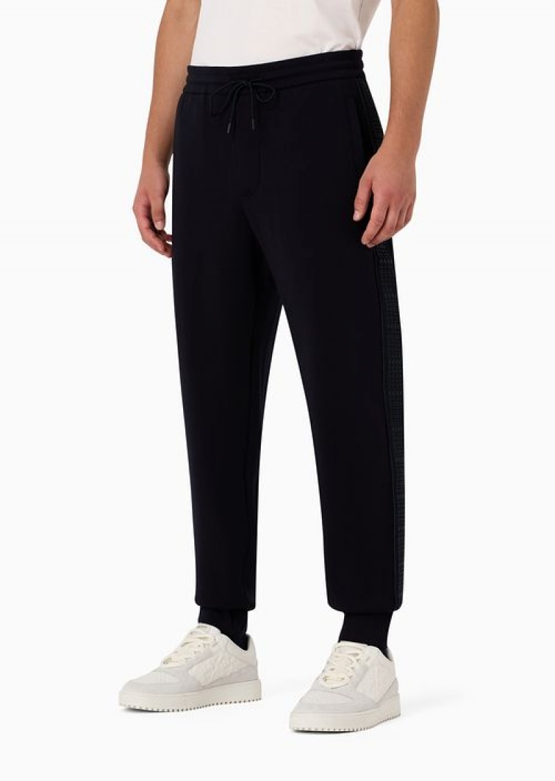 Navy Blue Emporio Armani Double-jersey Joggers With Rubberised Lettering Print Side Stripes | EA-SN58286