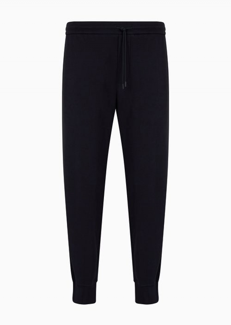 Navy Blue Emporio Armani Double-jersey Joggers With Rubberised Lettering Print Side Stripes | EA-SN58286