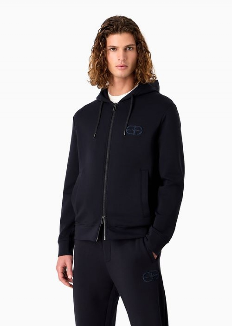 Navy Blue Emporio Armani Double-jersey Zip-up Hooded Sweatshirt With Embossed, Embroidered Ea Logo | EA-SN58554