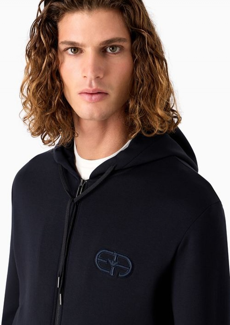 Navy Blue Emporio Armani Double-jersey Zip-up Hooded Sweatshirt With Embossed, Embroidered Ea Logo | EA-SN58554